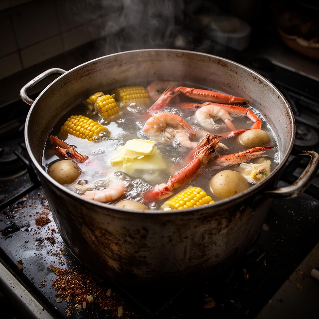 Traditional messy seafood boil pot