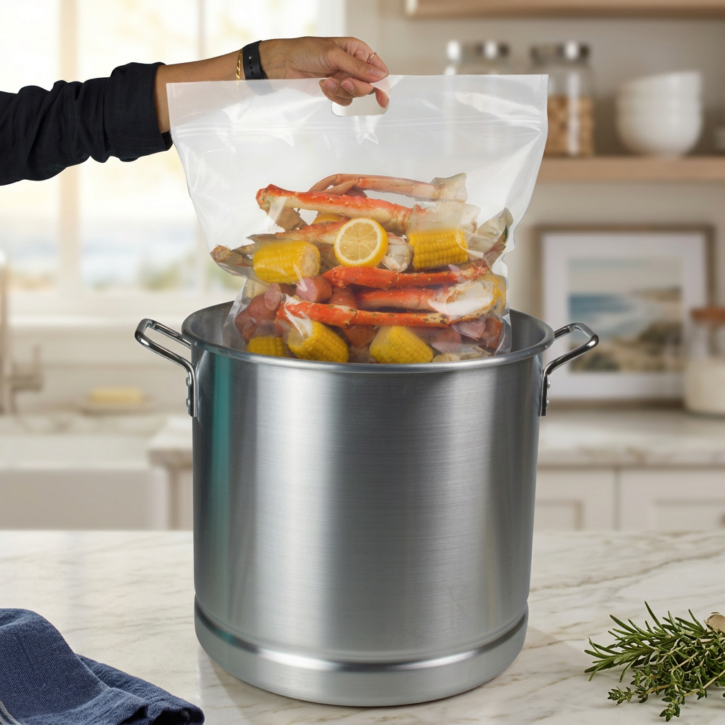 Jesdit Seafood Boil Bag lifted from the pot